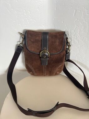 Coach Brown Suede Crossbody with Buckle Trim